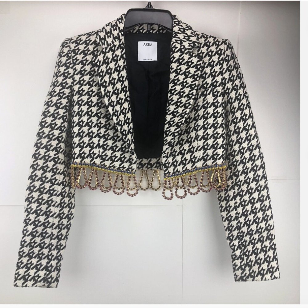 AREA Crystal Fringe Houndstooth Wool Blend Bolero Jacket